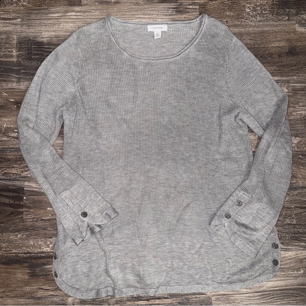 Calvin Klein Women’s Light Gray Long-Sleeve Ribbed Knit Pullover Sweater Size L